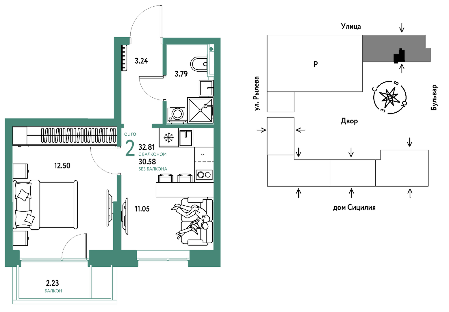 Планировка: 1-комнатная 32.8 м² в ЖК Остров-сад, ДОК