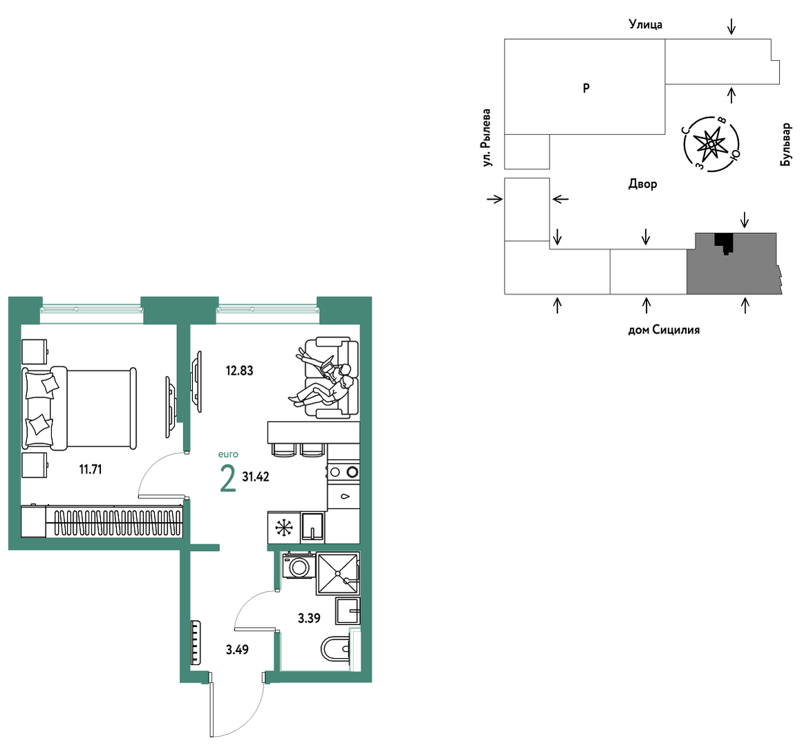 Планировка: 1-комнатная 31.4 м² в ЖК Остров-сад, ДОК