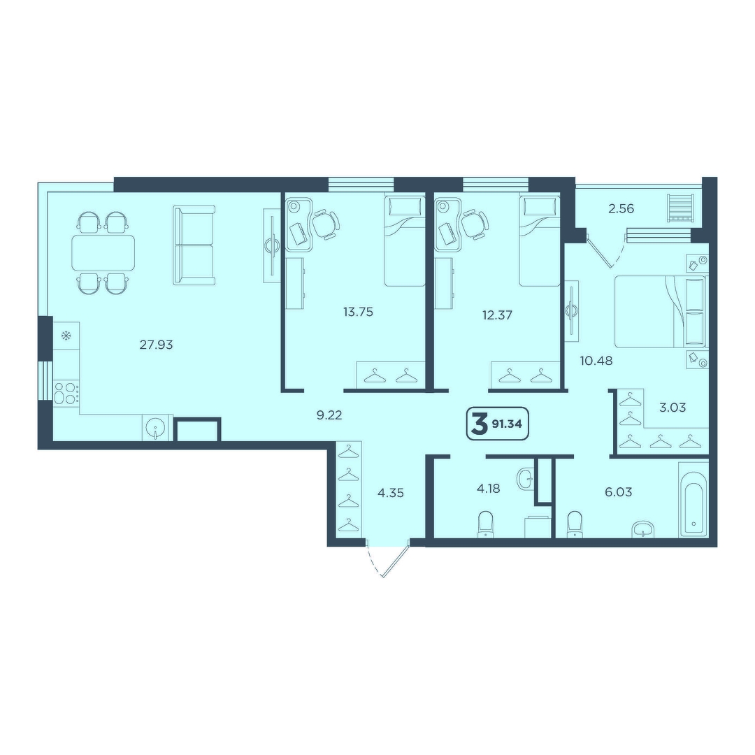 Планировка: 4-комнатная евро 91.3 м² в ЖК Континент, Червишевский тракт