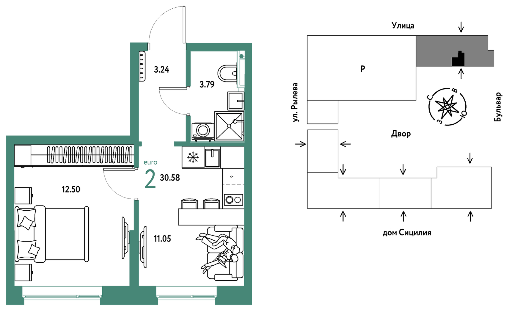 Планировка: 1-комнатная 30.6 м² в ЖК Остров-сад, ДОК