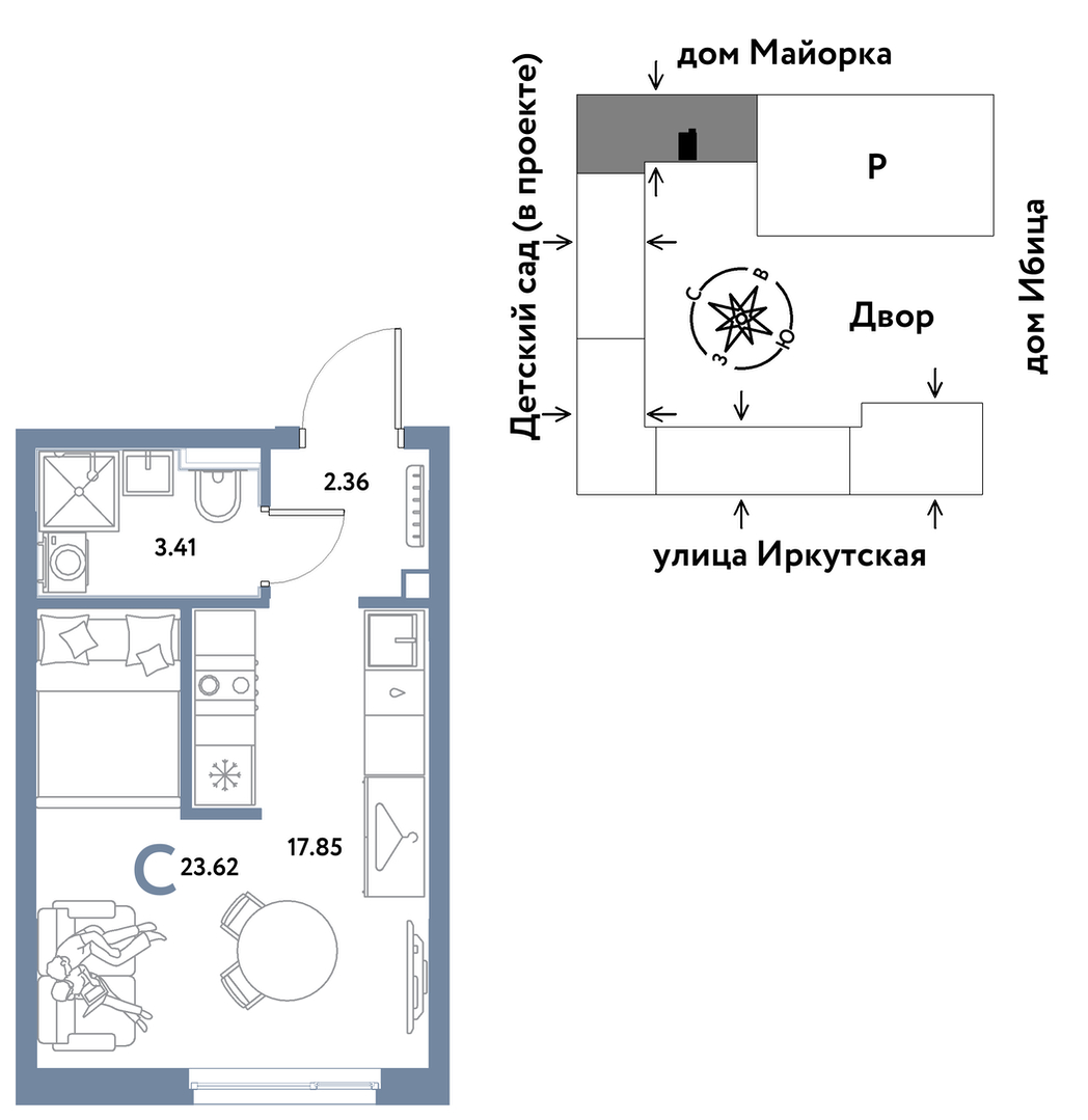 Планировка: Студия 23.6 м² в ЖК Остров-сад, ДОК
