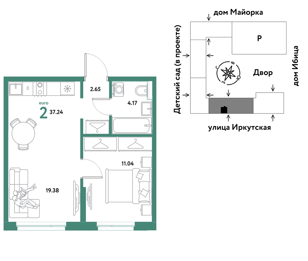 Планировка: Евродвушка 37.2 м² в ЖК Остров-сад, ДОК