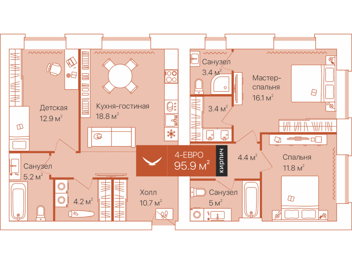 Планировка: 4-комнатная евро 95.9 м² в ЖК Дом на Большой Спасской, Воровского