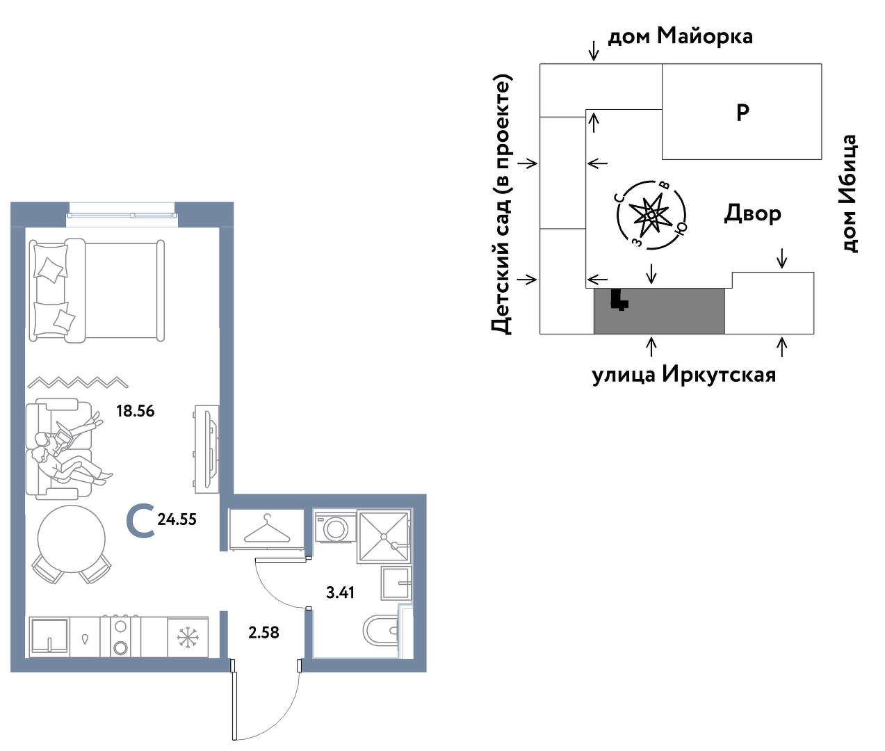 Планировка: Студия 24.6 м² в ЖК Остров-сад, ДОК