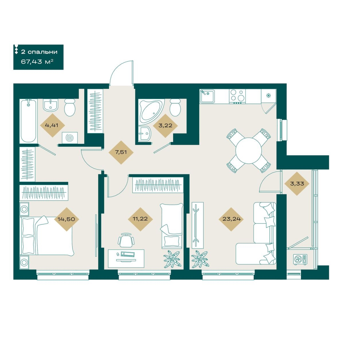 Планировка: Евротрешка 67.4 м² в ЖК Секреты, 5-й Заречный