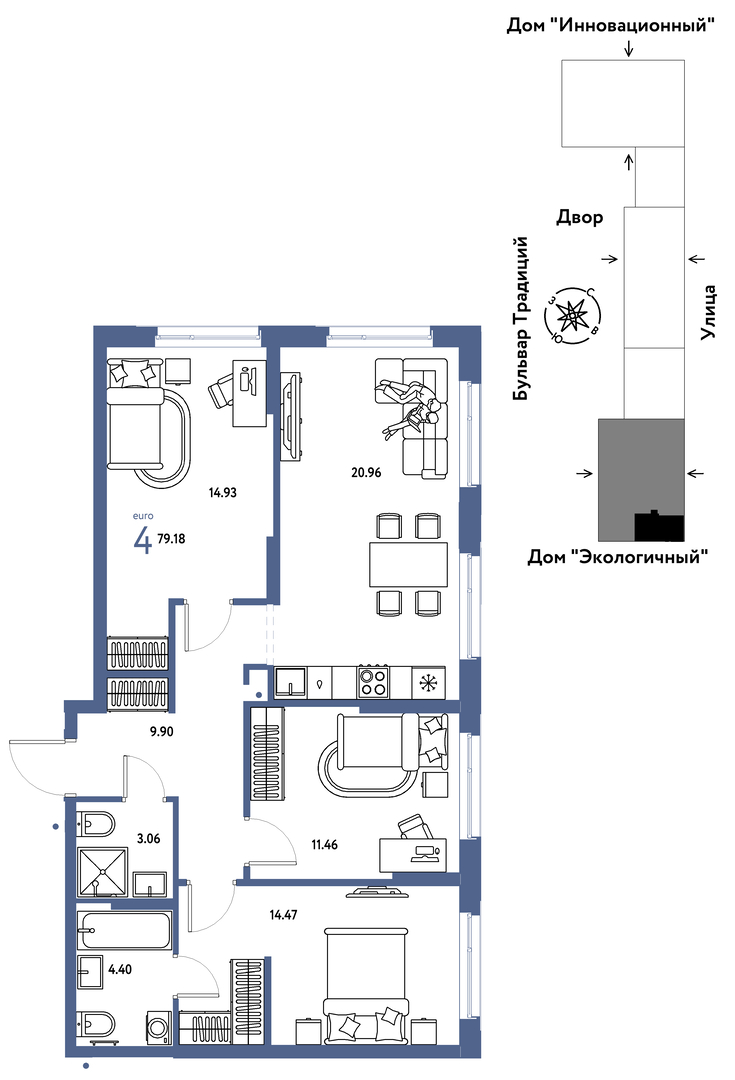 Планировка: 4-комнатная евро 79.2 м² в ЖК Домашний, Плеханово