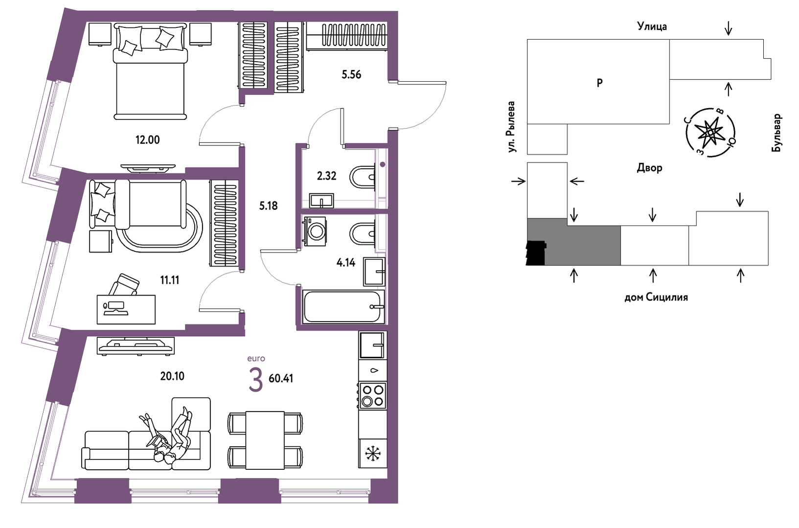 Планировка: 2-комнатная 60.4 м² в ЖК Остров-сад, ДОК