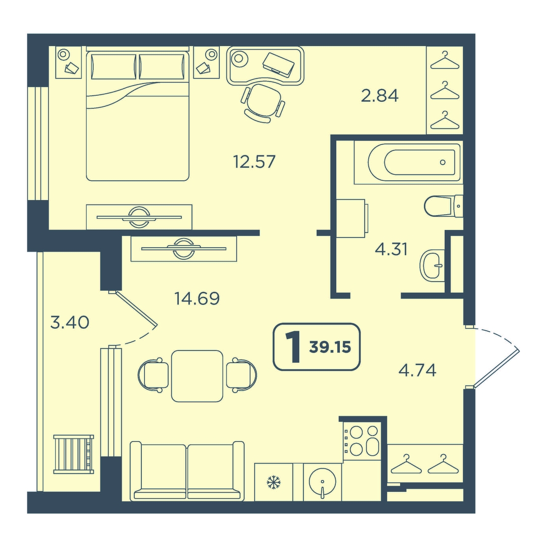 Планировка: Евродвушка 39.1 м² в ЖК Континент, Червишевский тракт