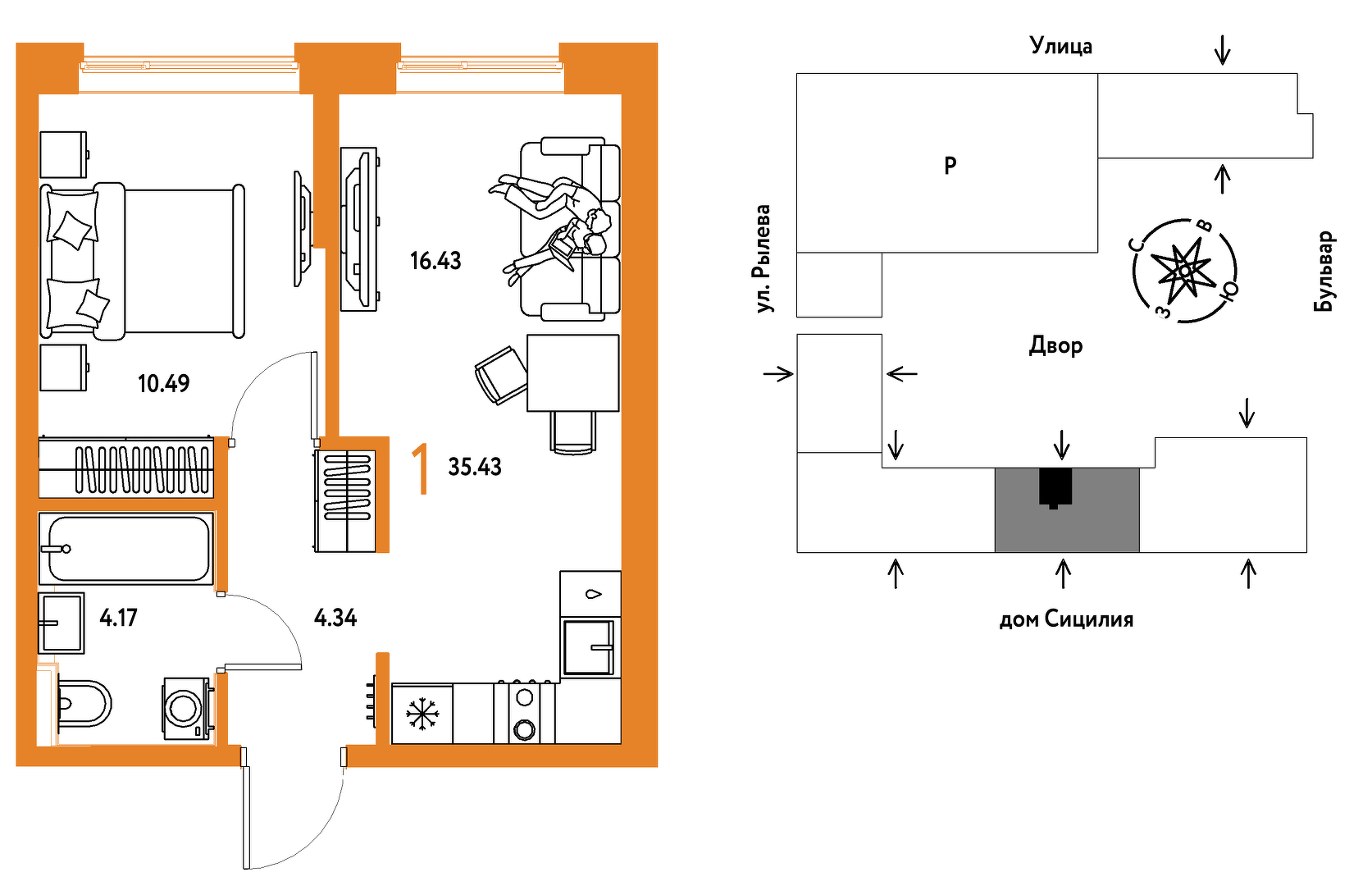 Планировка: Евродвушка 35.4 м² в ЖК Остров-сад, ДОК