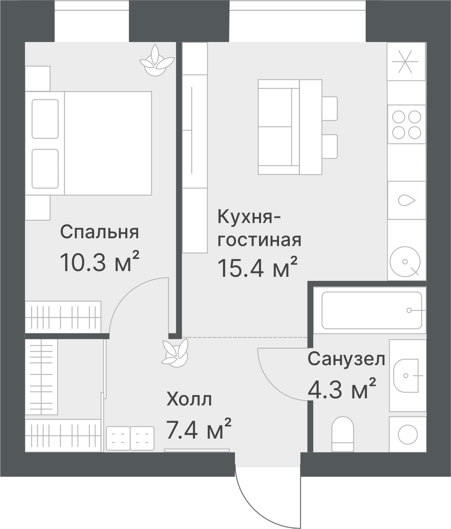 Планировка: Евродвушка 37.4 м² в ЖК Дружеский, Плеханово