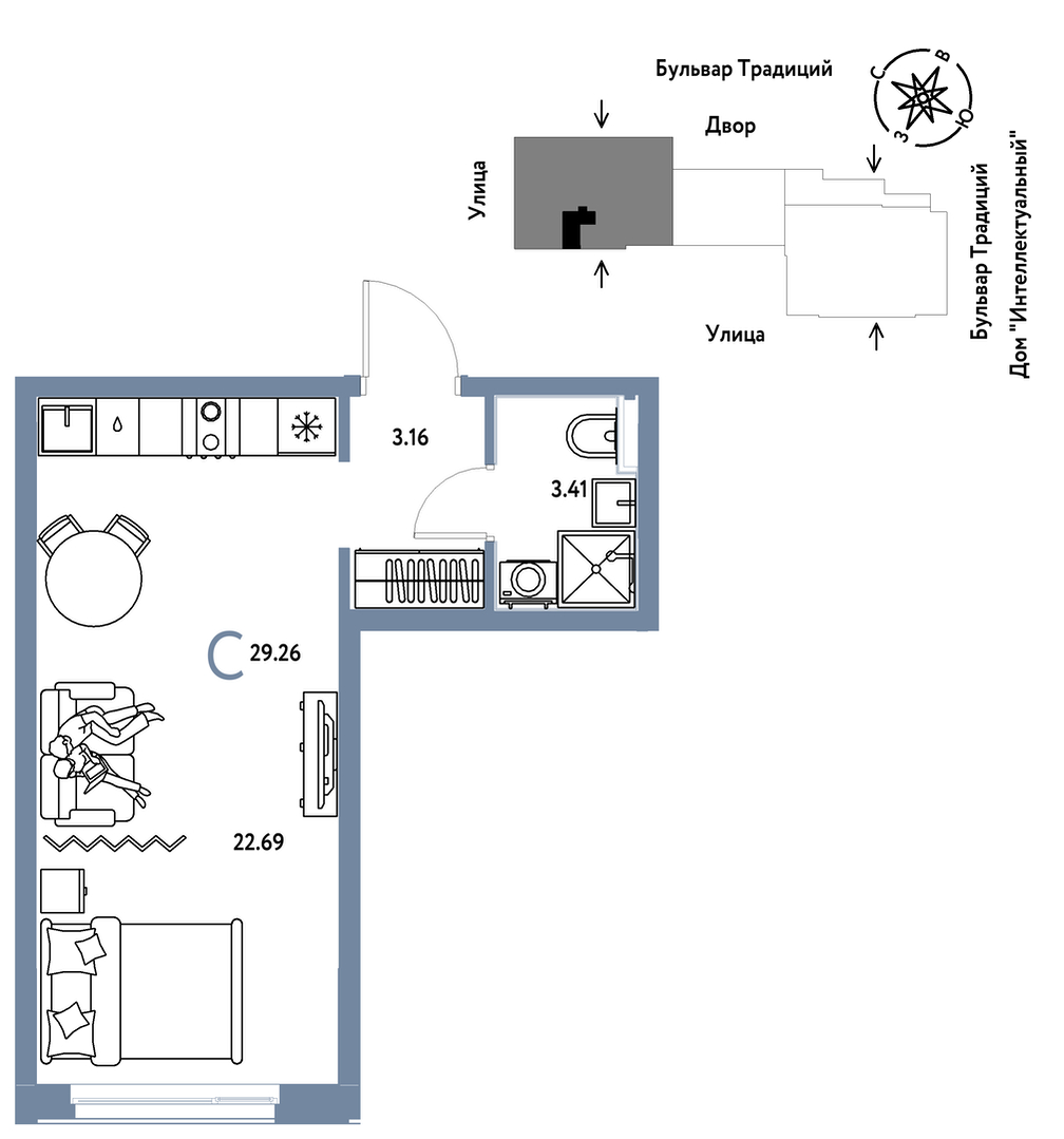 Планировка: Студия 29.3 м² в ЖК Домашний, Плеханово