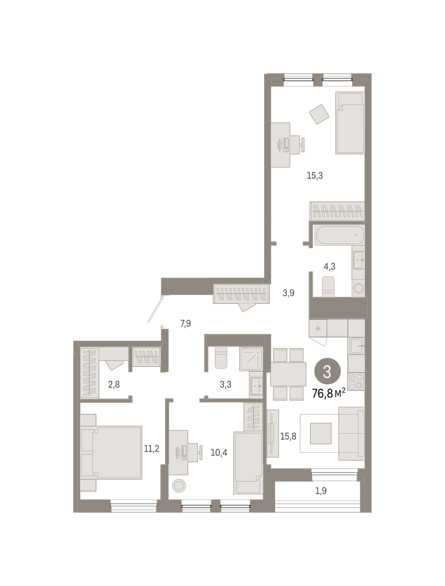 Планировка: 4-комнатная евро 76.8 м² в ЖК Республики 205, Центр: КПД