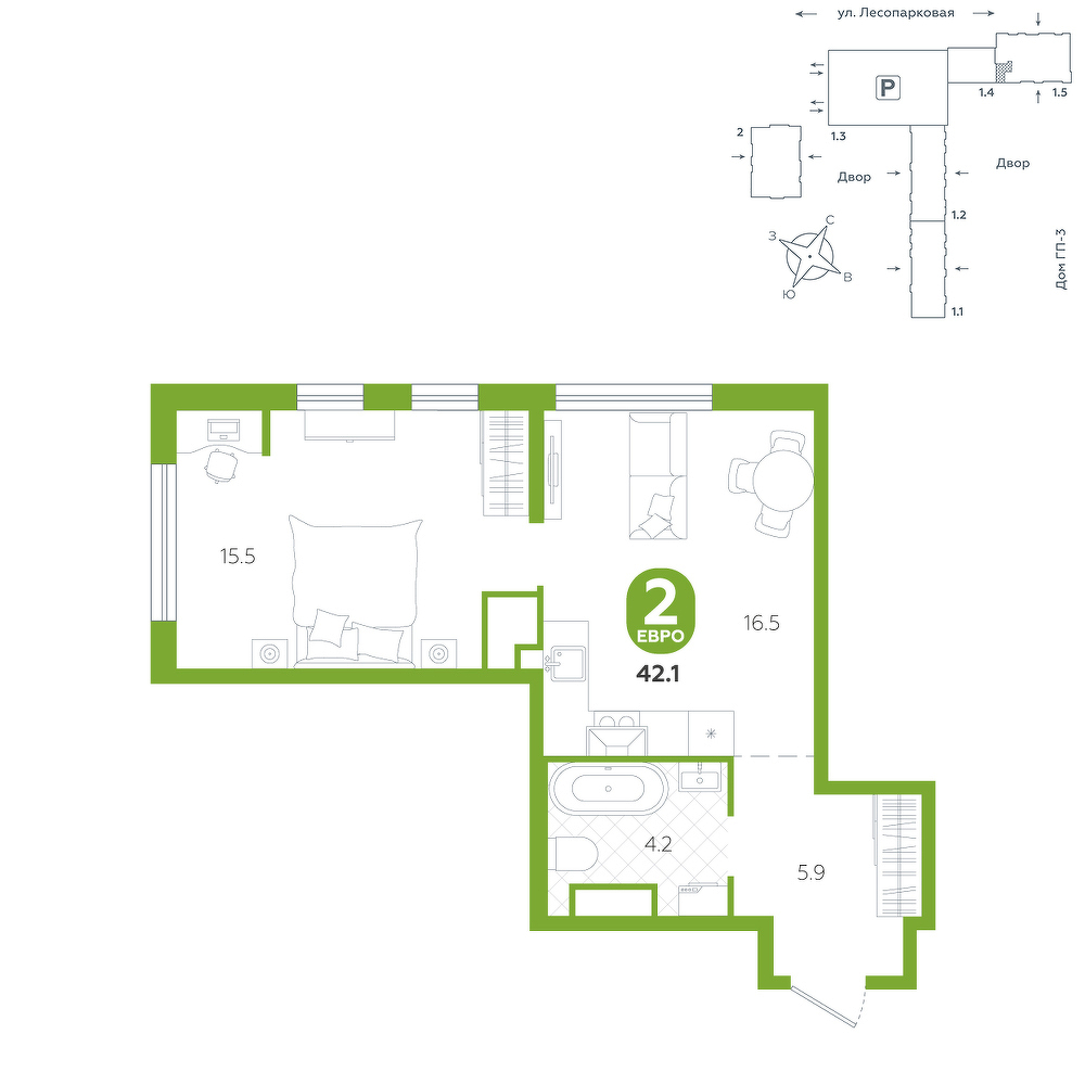 Планировка: Евродвушка 42.1 м² в ЖК Чистые пруды, Лесобаза: Тура