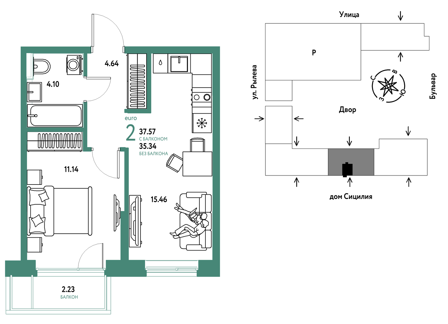 Планировка: Евродвушка 37.6 м² в ЖК Остров-сад, ДОК