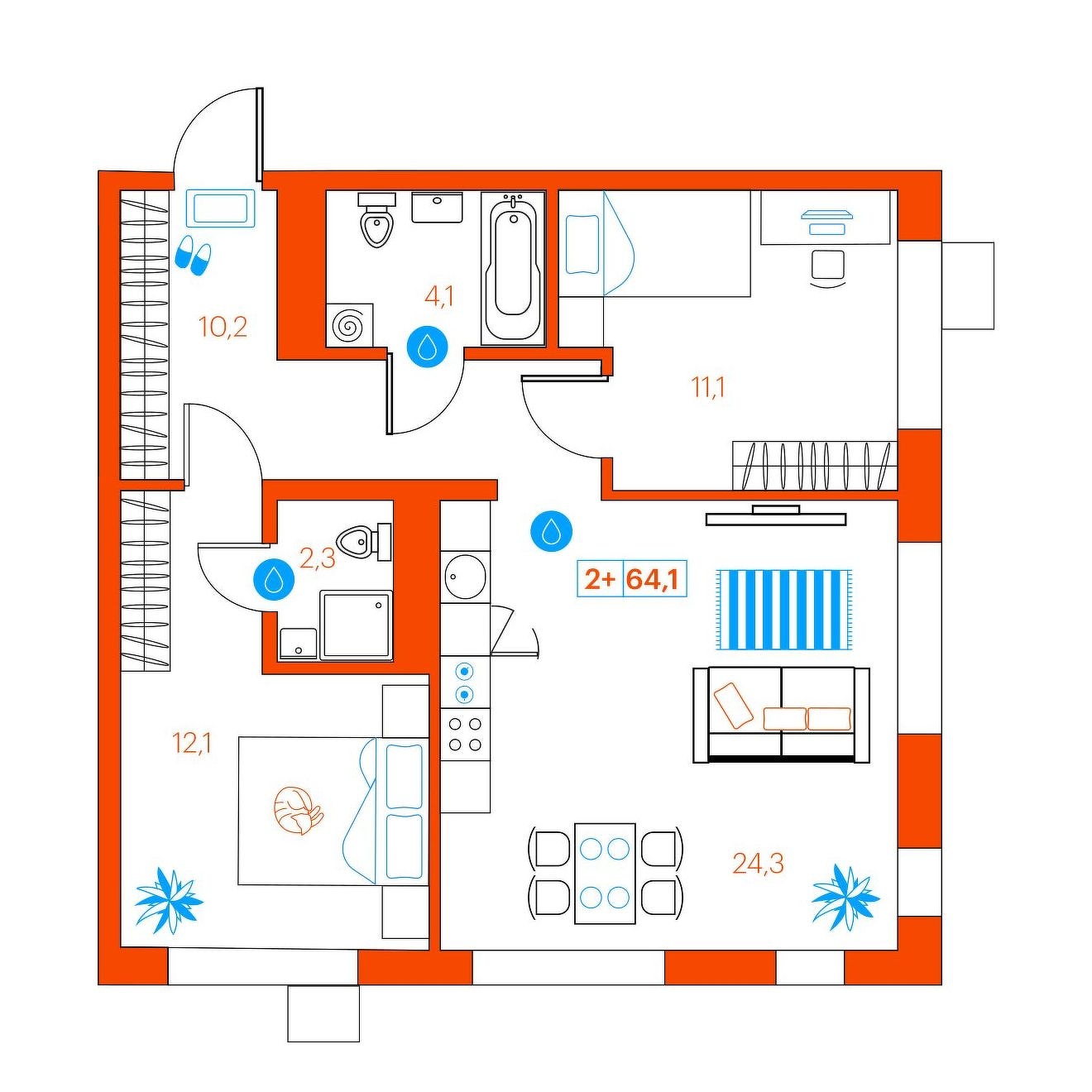 Планировка: Евротрешка 64.1 м² в ЖК Supersky, Ватутина