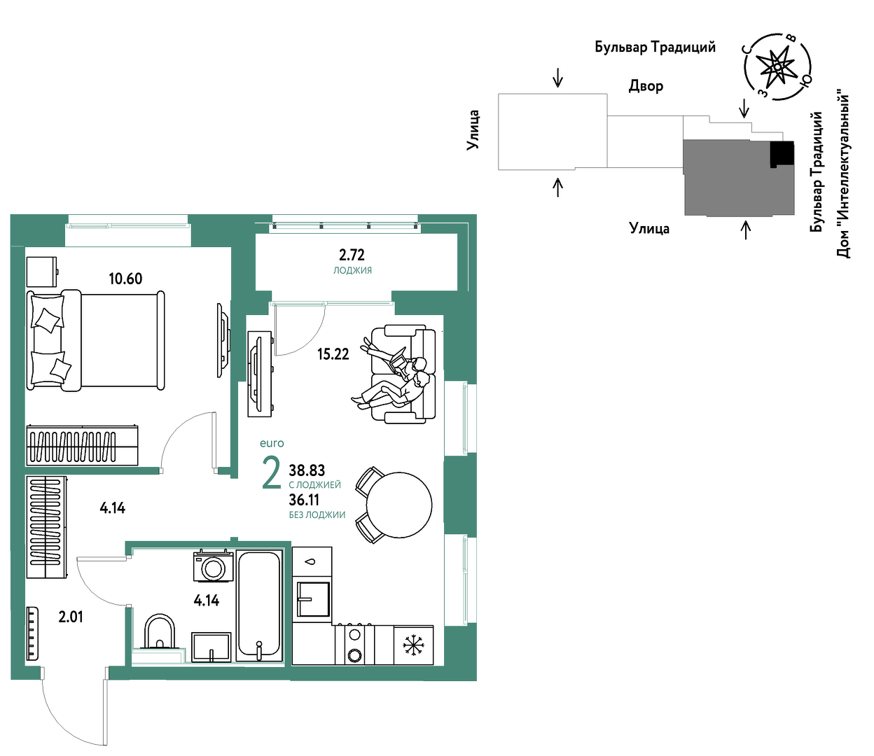 Планировка: Евродвушка 38.8 м² в ЖК Домашний, Плеханово