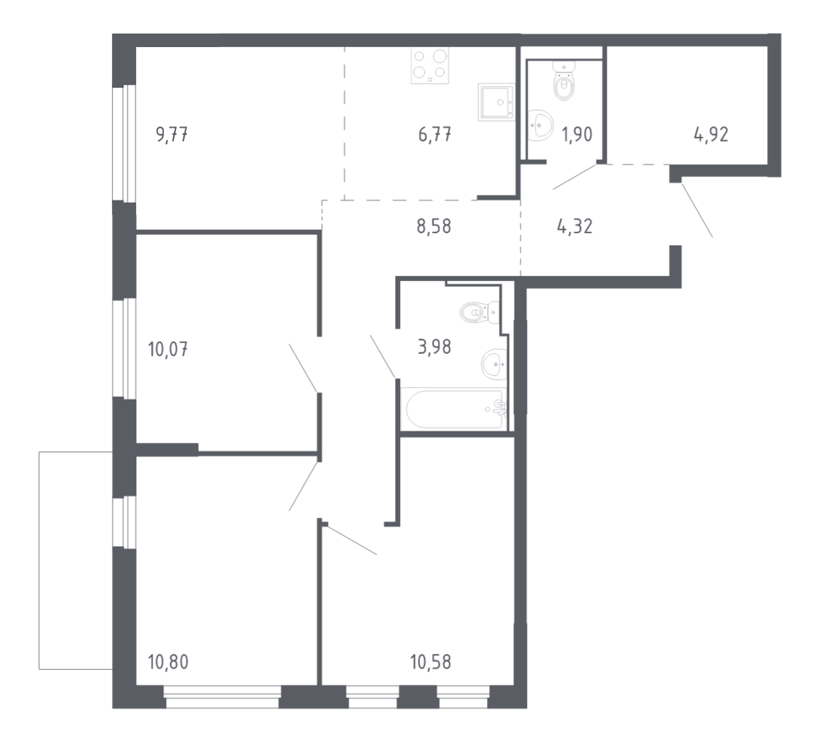 Планировка: 4-комнатная евро 71.7 м² в ЖК Чаркова 72, Мыс