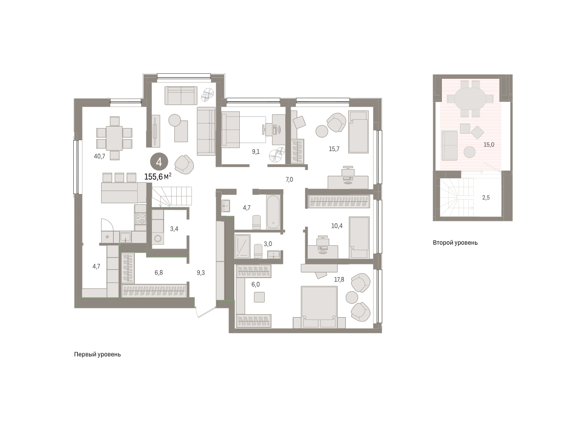 Планировка: 5-комнатная евро 155.2 м² в ЖК Зарека, Заречный