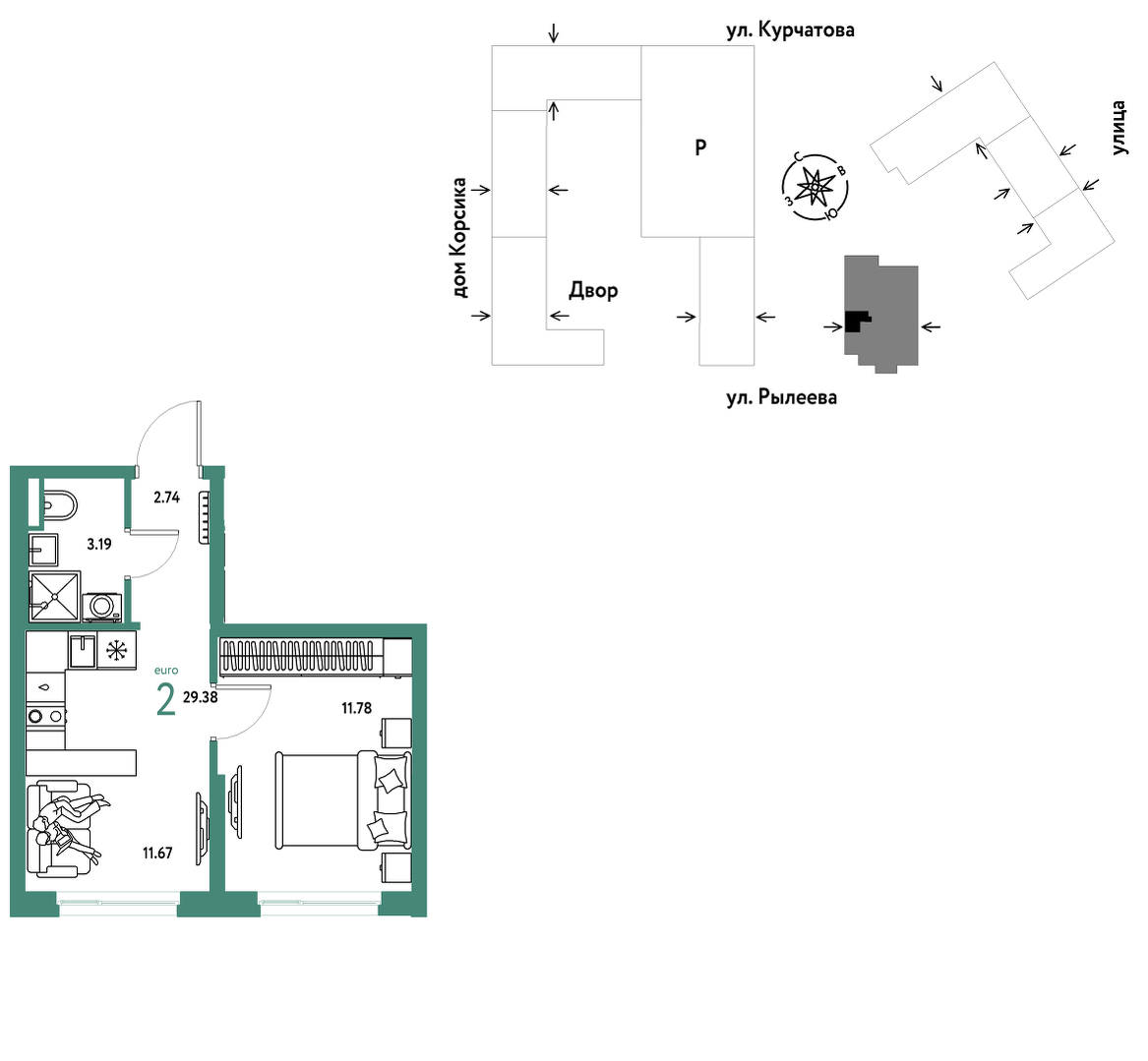 Планировка: 1-комнатная 29.7 м² в ЖК Остров-сад, ДОК