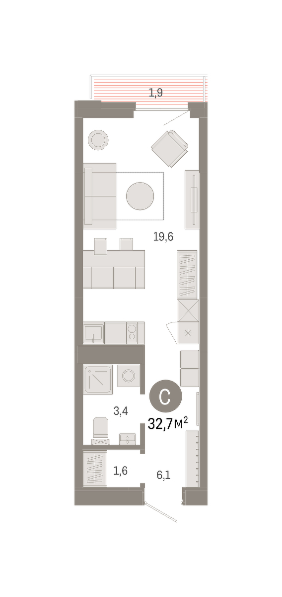 Планировка: Студия 32.7 м² в ЖК Зарека, Заречный