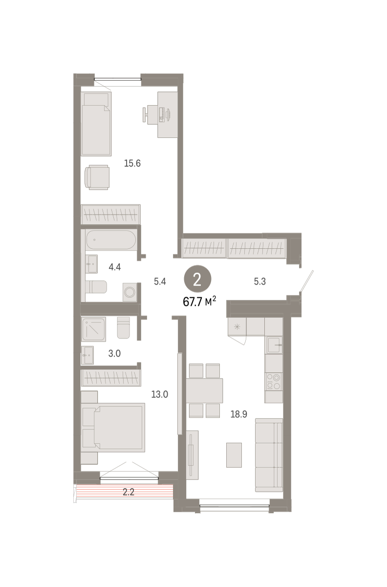 Планировка: Евротрешка 67.7 м² в ЖК Октябрьский на Туре, ДОК