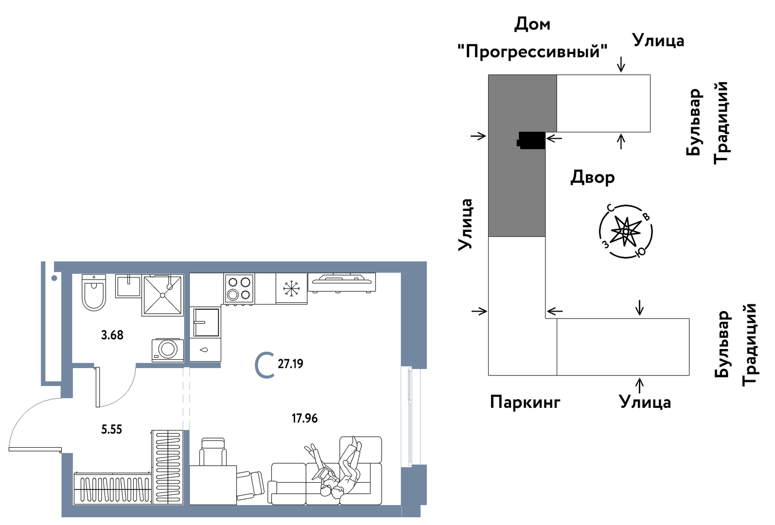 Планировка: Студия 27.2 м² в ЖК Домашний, Плеханово