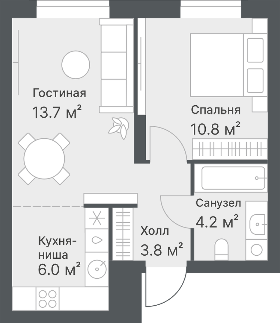 Планировка: Евродвушка 38.5 м² в ЖК Дружеский, Плеханово