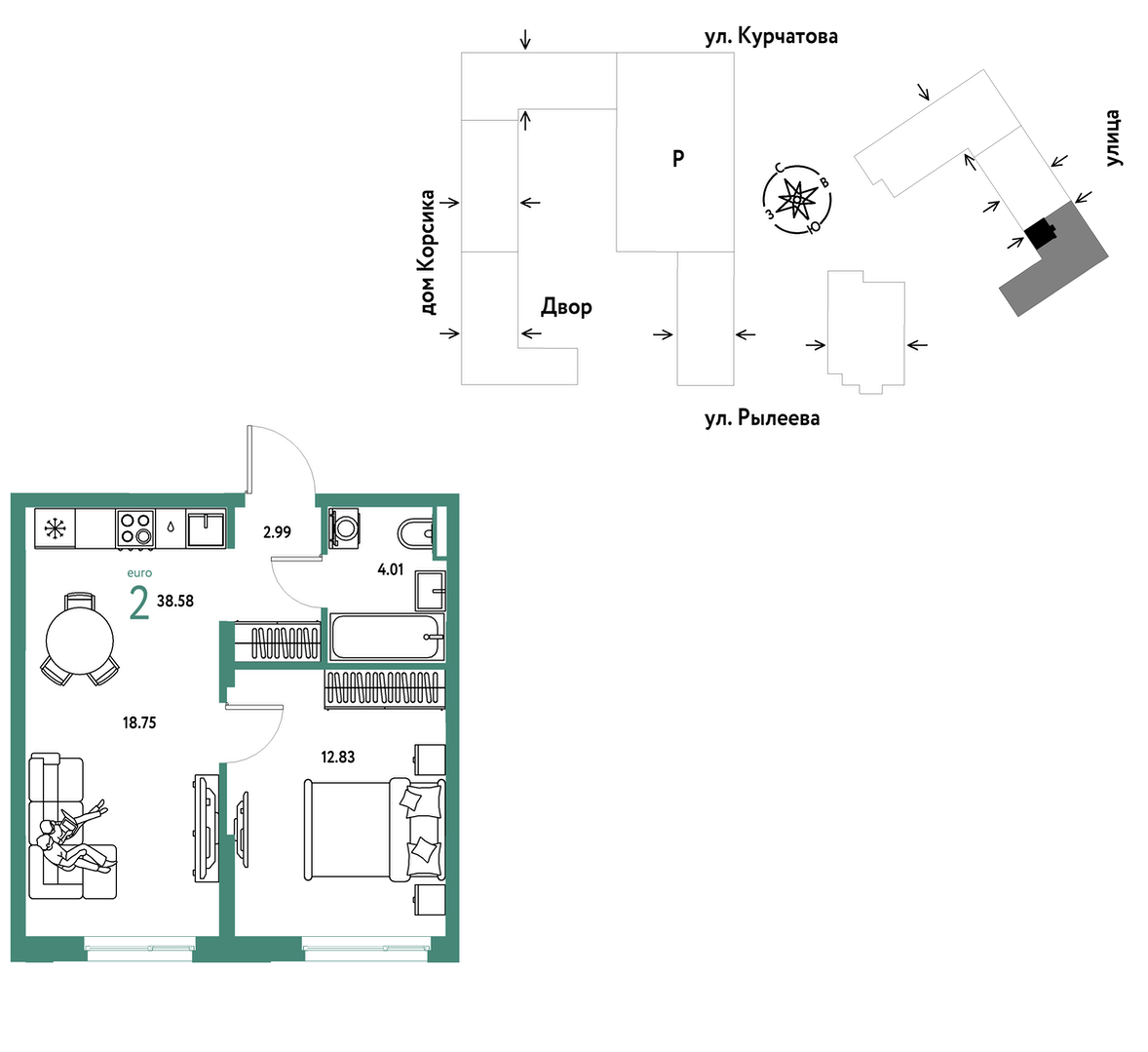 Планировка: Евродвушка 38.8 м² в ЖК Остров-сад, ДОК