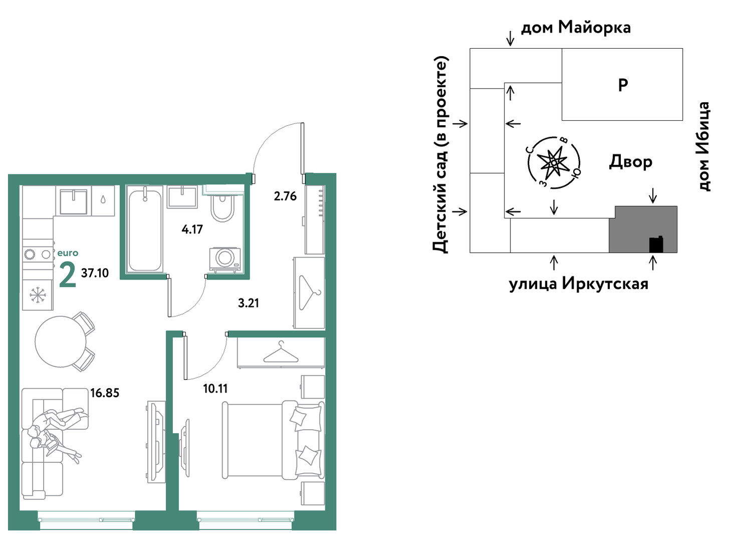 Планировка: Евродвушка 37.1 м² в ЖК Остров-сад, ДОК