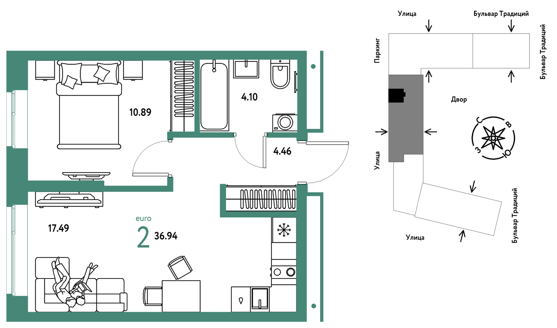 Планировка: Евродвушка 36.9 м² в ЖК Домашний, Плеханово