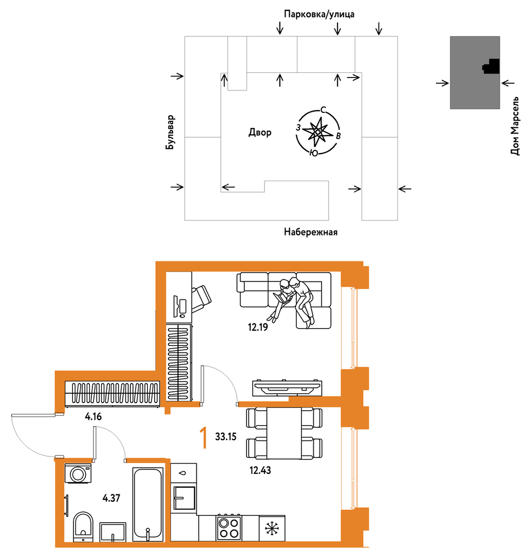 Планировка: 1-комнатная 33.1 м² в ЖК Европейский берег 2.0, Европейский