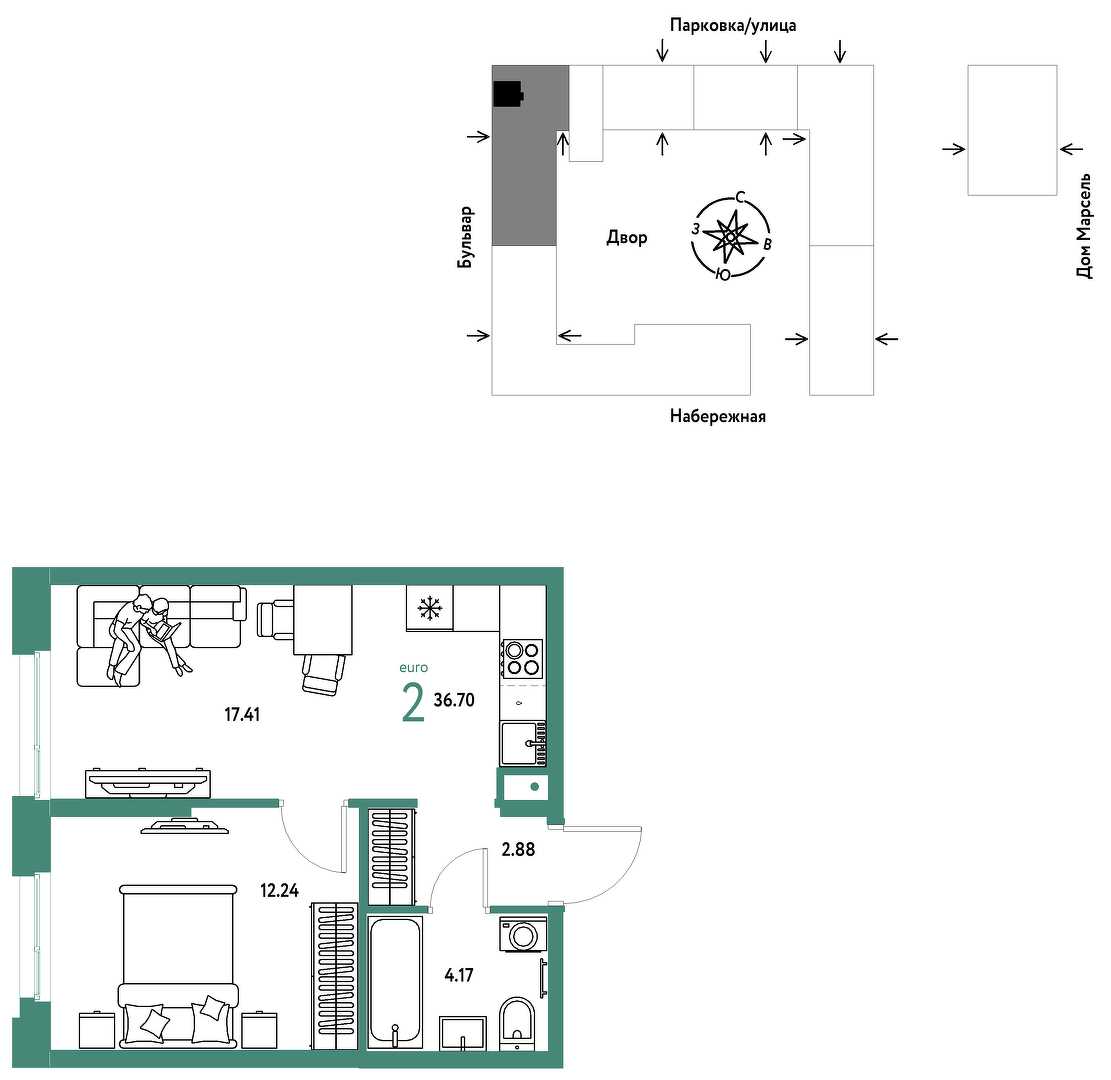 Планировка: Евродвушка 36.7 м² в ЖК Европейский берег 2.0, Европейский