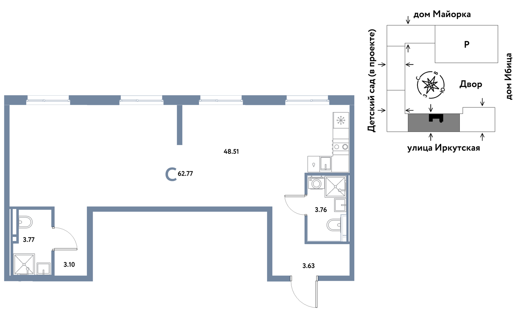 Планировка: Евротрешка 62.8 м² в ЖК Остров-сад, ДОК