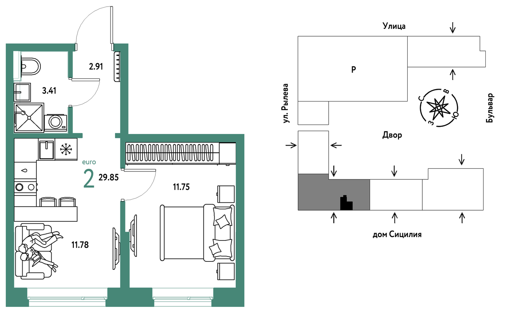 Планировка: 1-комнатная 29.9 м² в ЖК Остров-сад, ДОК