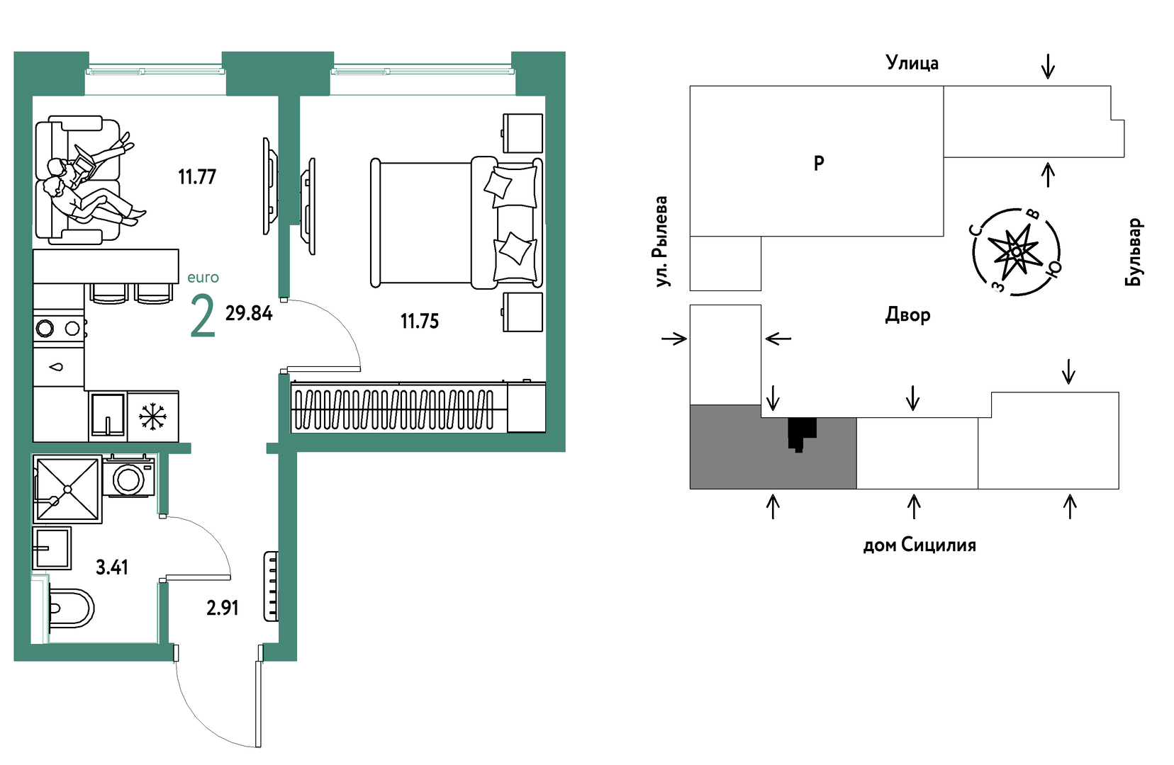 Планировка: 1-комнатная 29.8 м² в ЖК Остров-сад, ДОК