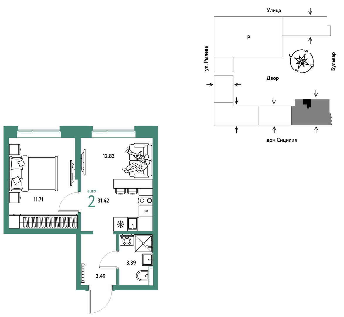 Планировка: 1-комнатная 31.4 м² в ЖК Остров-сад, ДОК