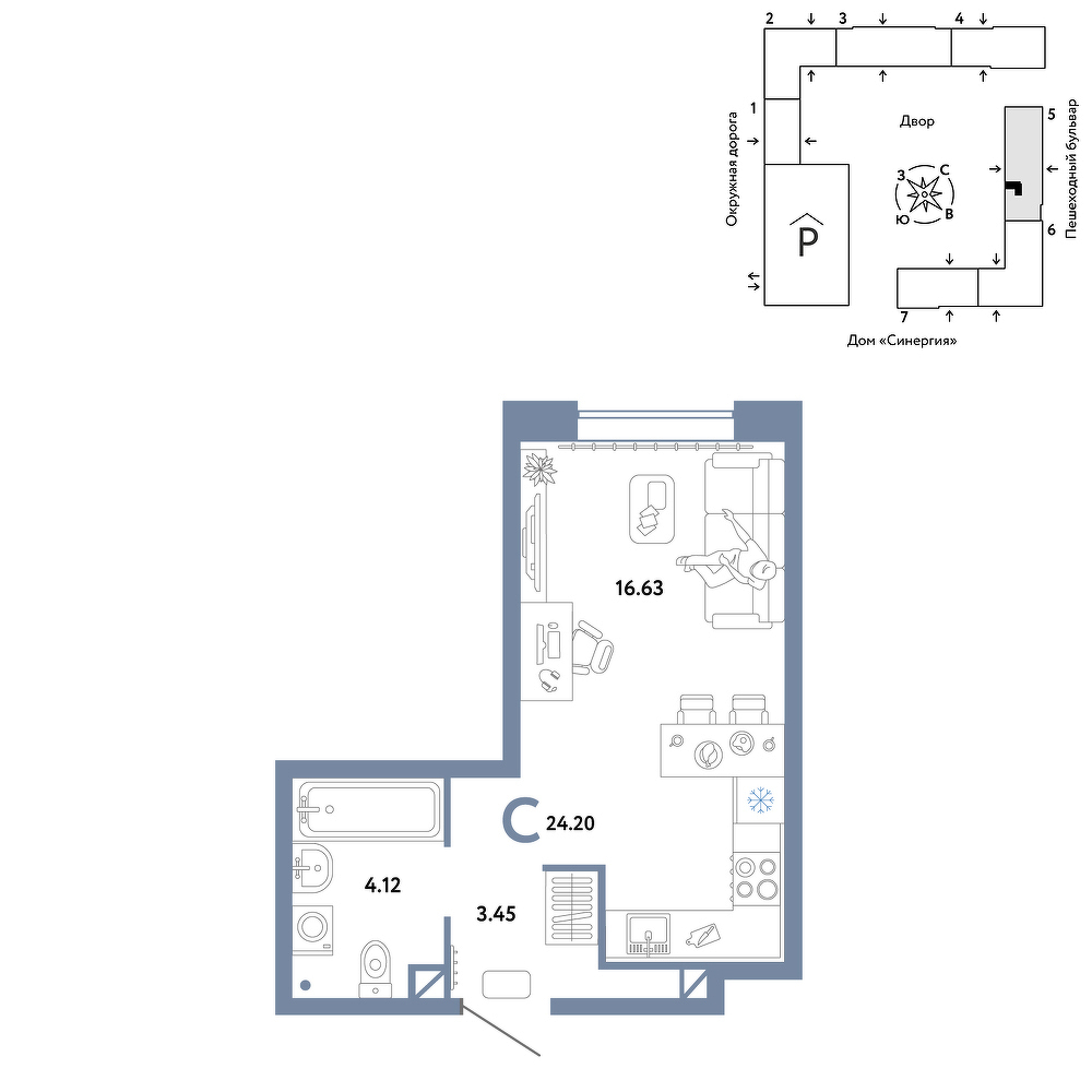 Планировка: Студия 24.2 м² в ЖК Юнион, Плеханово