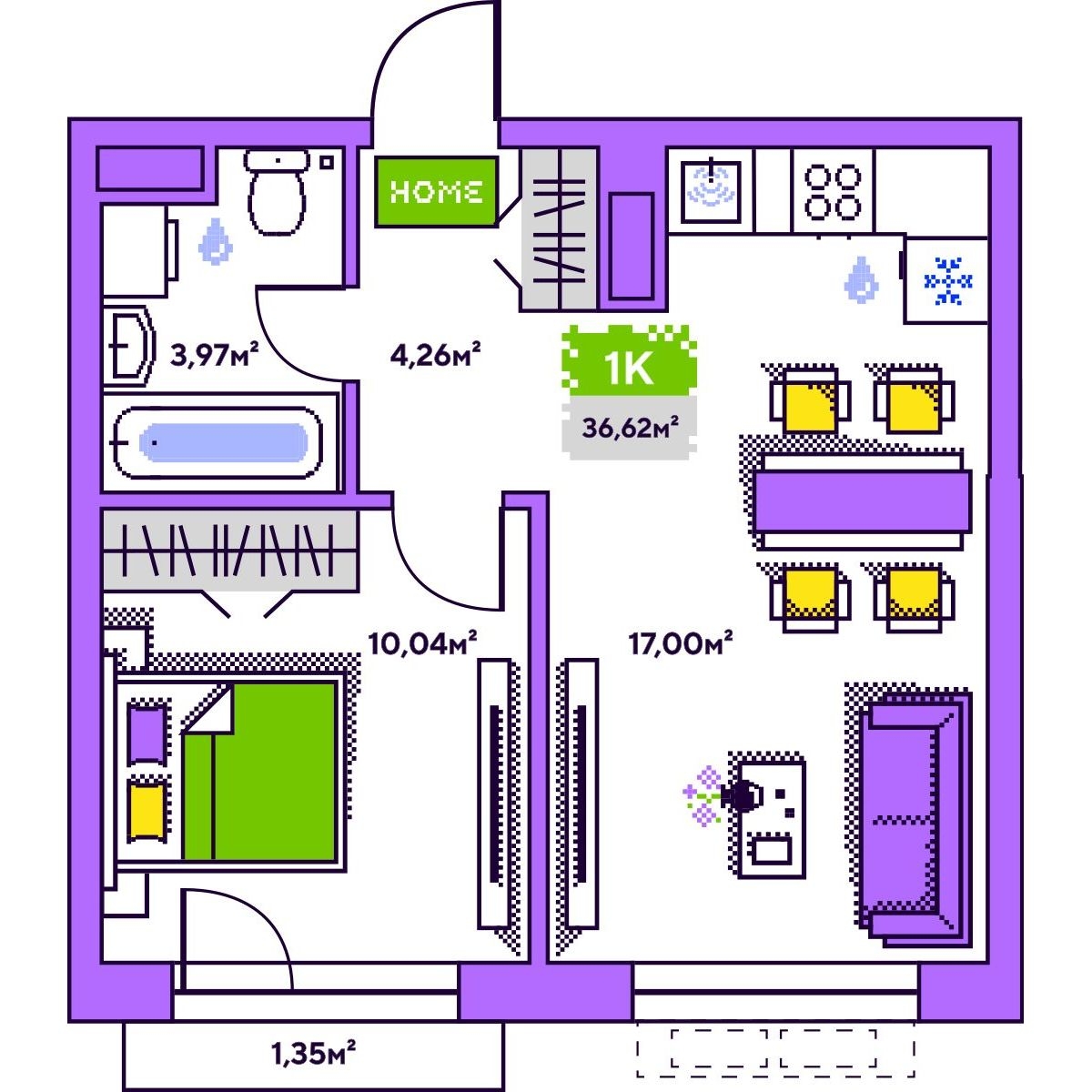 Планировка: Евродвушка 36.6 м² в ЖК Плэй, Дом Обороны
