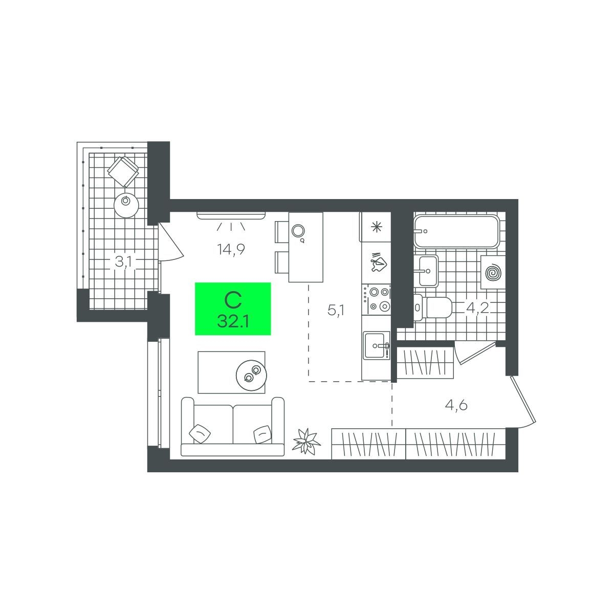 Планировка: Студия 32.1 м² в ЖК Сезоны, От Слободы до Комарово парк