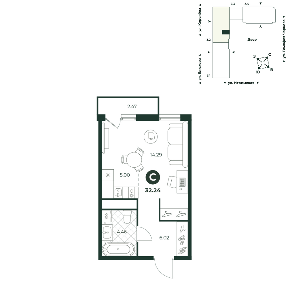 Планировка: Студия 32.2 м² в ЖК Игрим, От Тарманов до Тобольского тракта