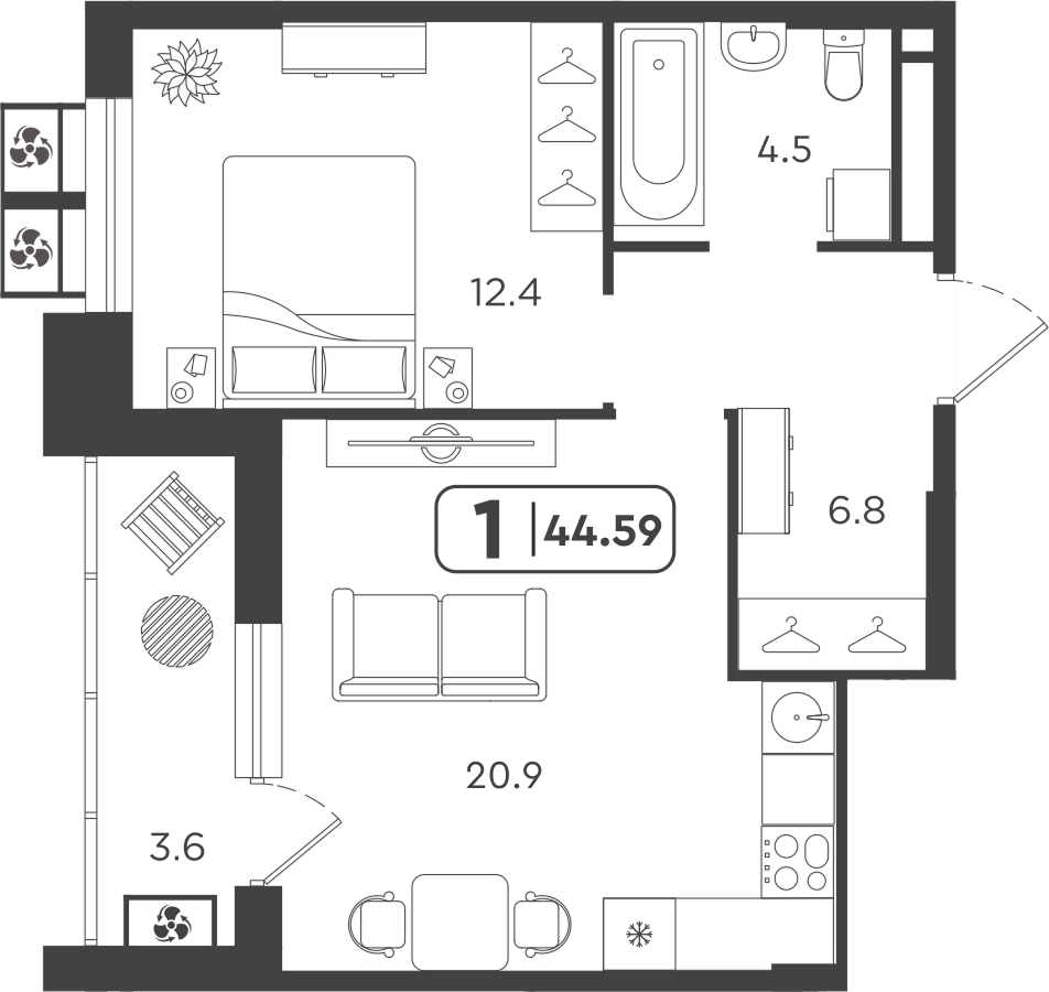 Планировка: Евродвушка 44.6 м² в ЖК Симфония, Центр: Студгородок
