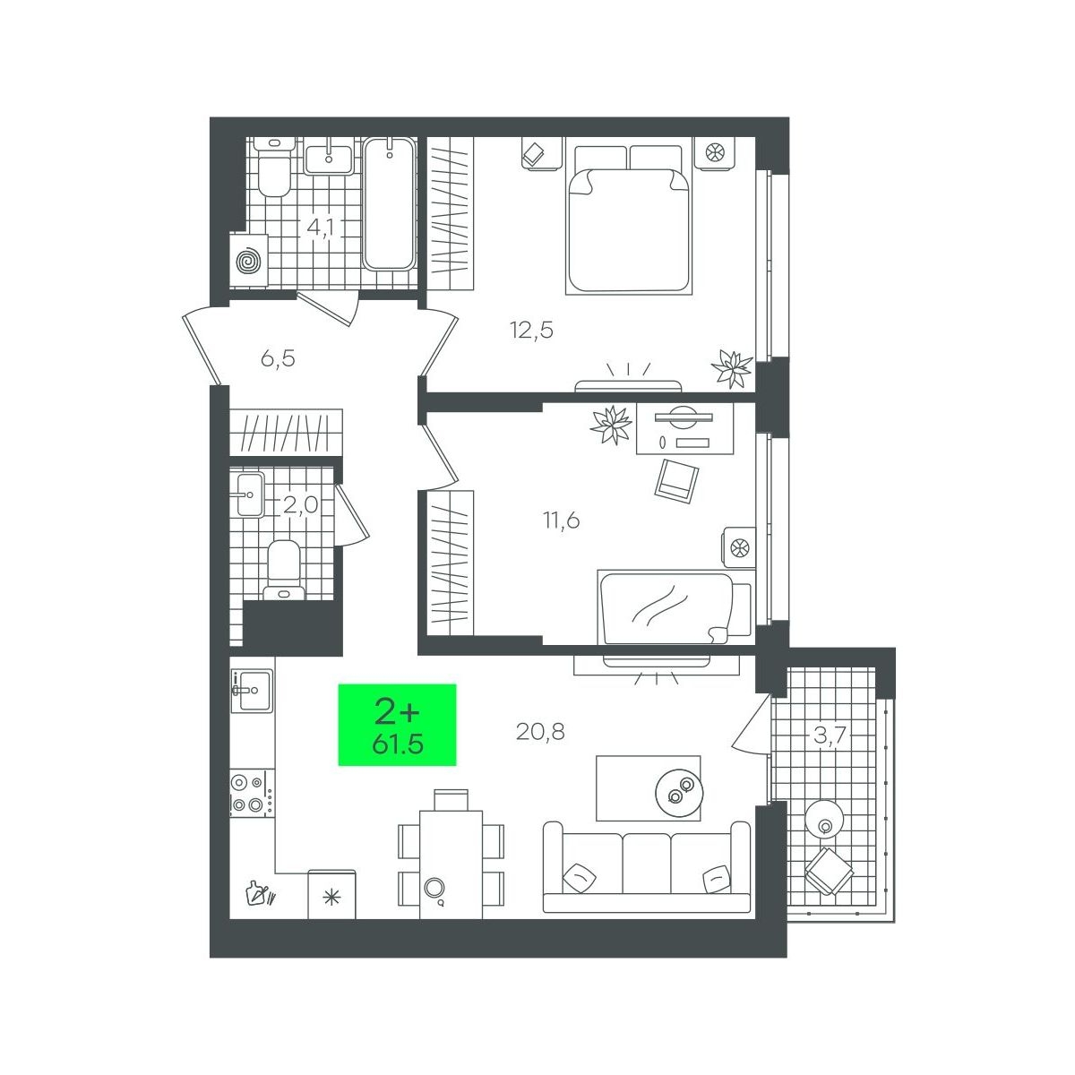 Планировка: Евротрешка 61.6 м² в ЖК Сезоны, От Слободы до Комарово парк