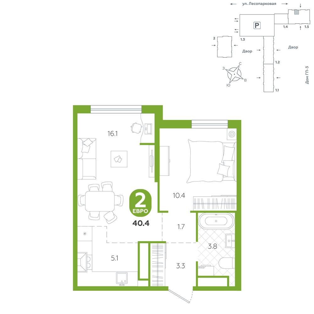Планировка: Евродвушка 40.4 м² в ЖК Чистые пруды, Лесобаза: Тура
