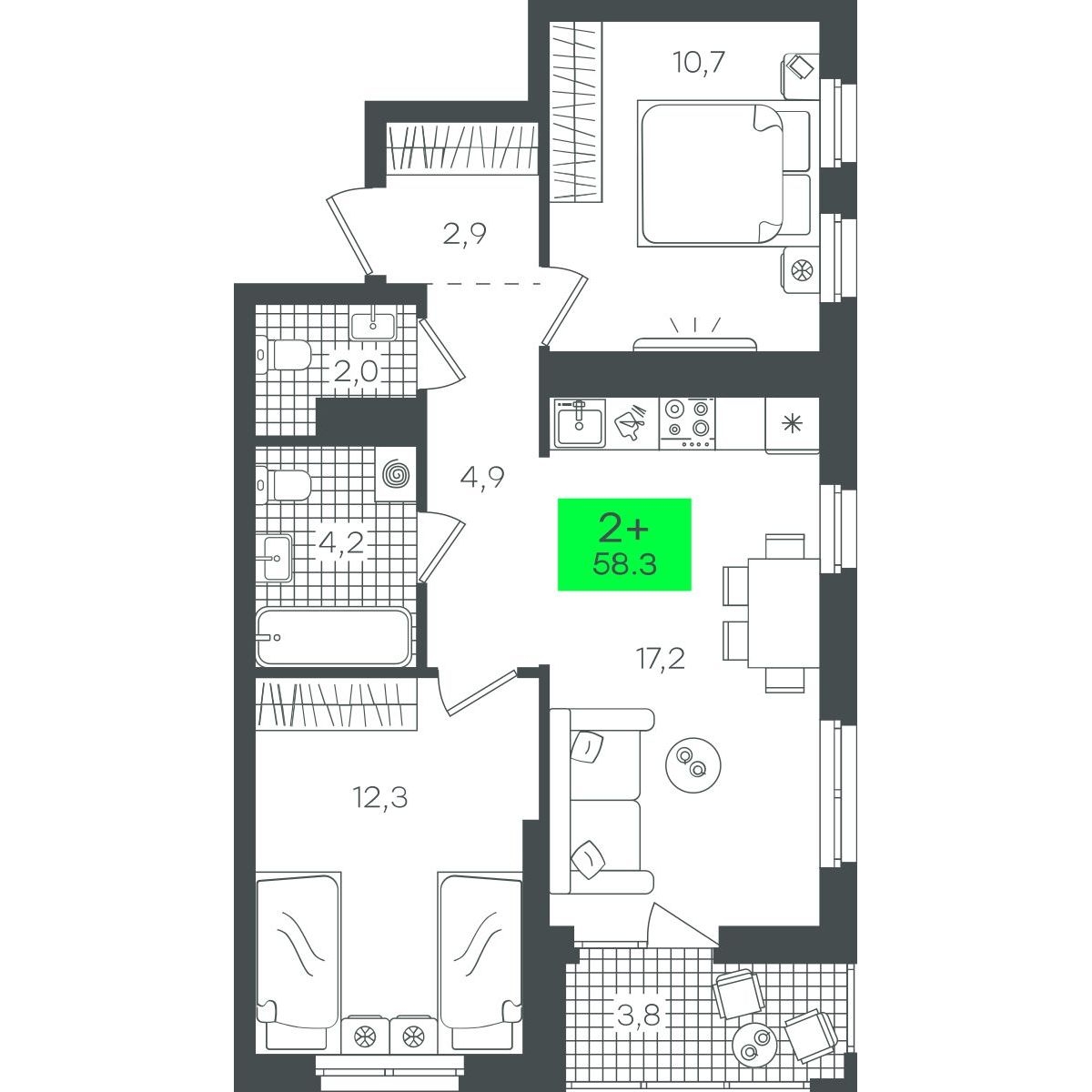 Планировка: Евротрешка 58.4 м² в ЖК Гранд Квартал, Комарово Парк