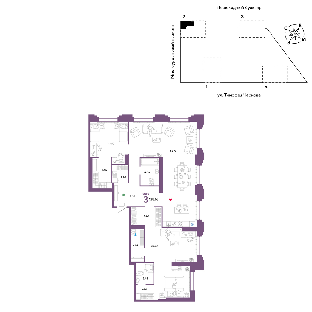 Планировка: Евротрешка 128.6 м² в ЖК Звёздный, Мыс