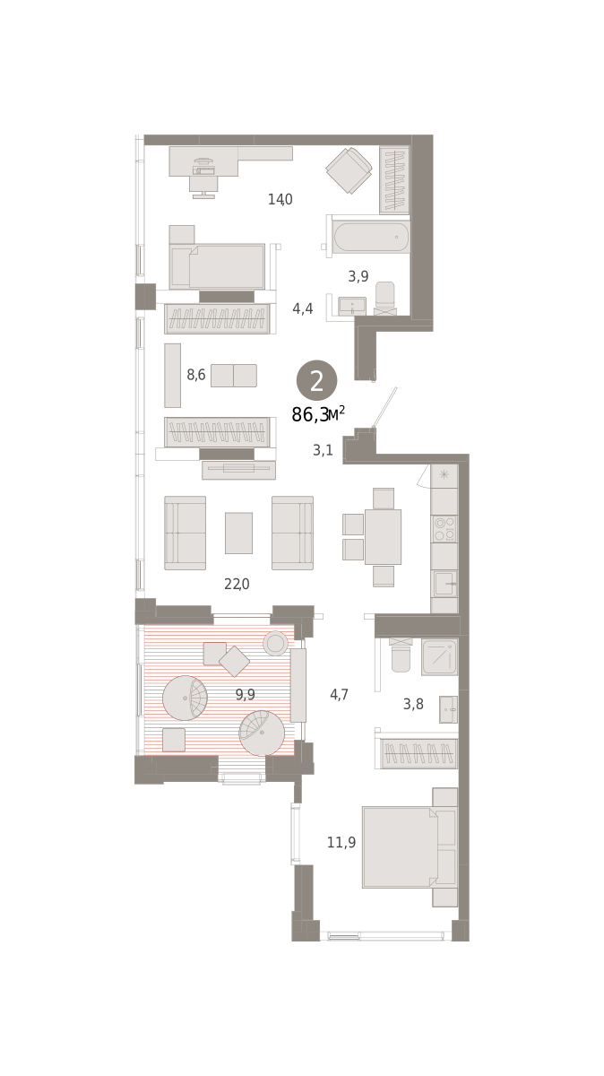 Планировка: Евротрешка 86.3 м² в ЖК Зарека, Заречный