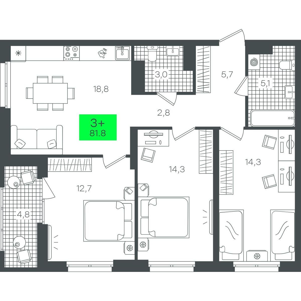Планировка: 4-комнатная евро 81.8 м² в ЖК Гранд Квартал, Комарово Парк