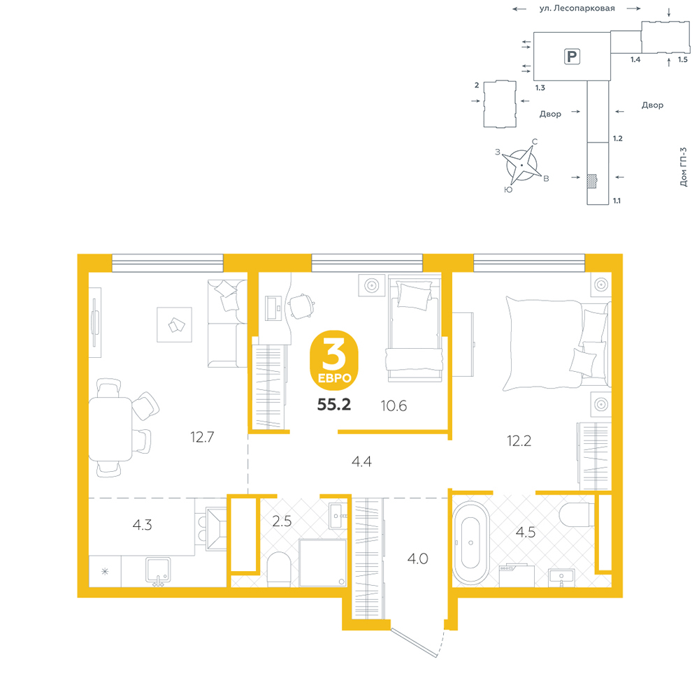 Планировка: Евротрешка 55.2 м² в ЖК Чистые пруды, Лесобаза: Тура