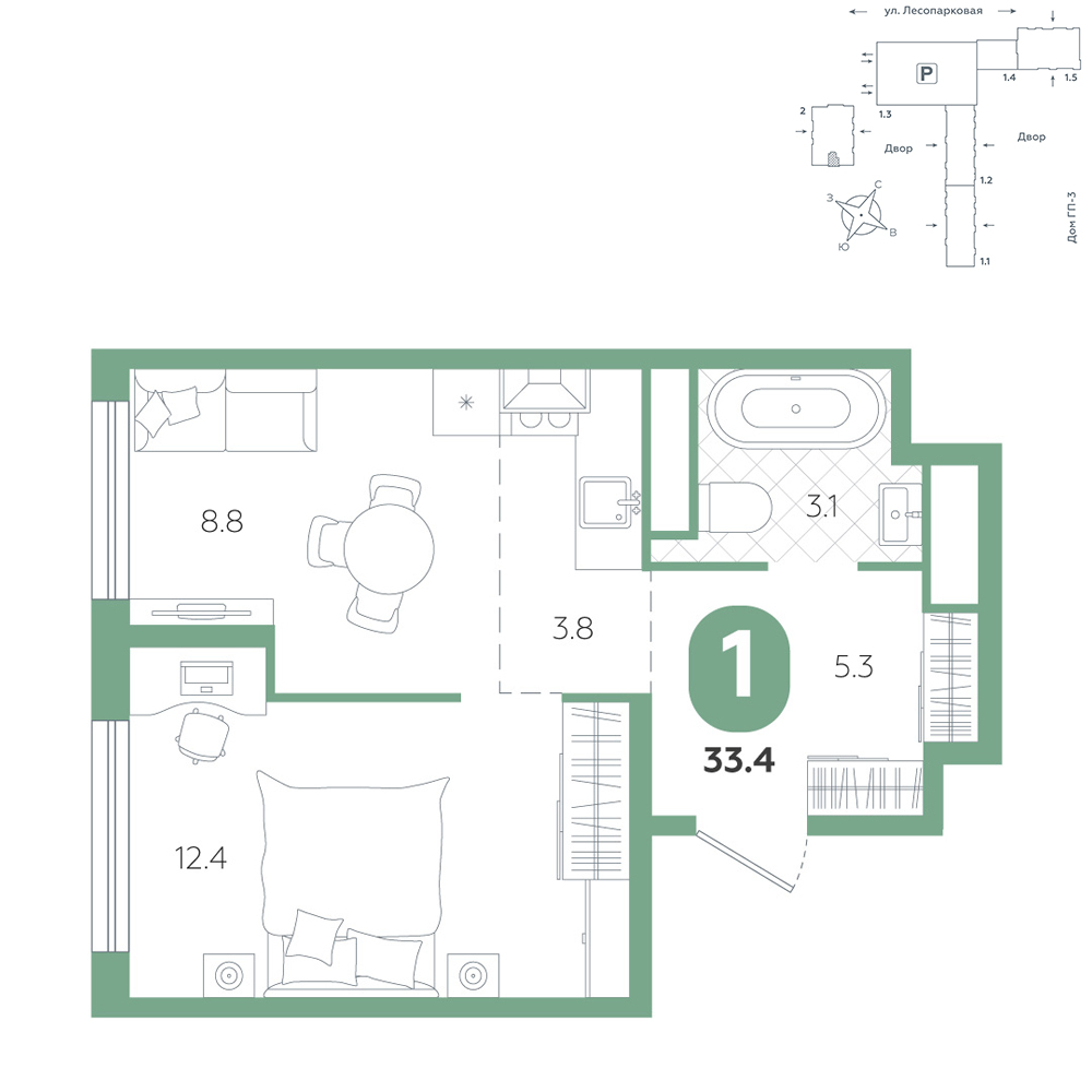 Планировка: 1-комнатная 33.4 м² в ЖК Чистые пруды, Лесобаза: Тура