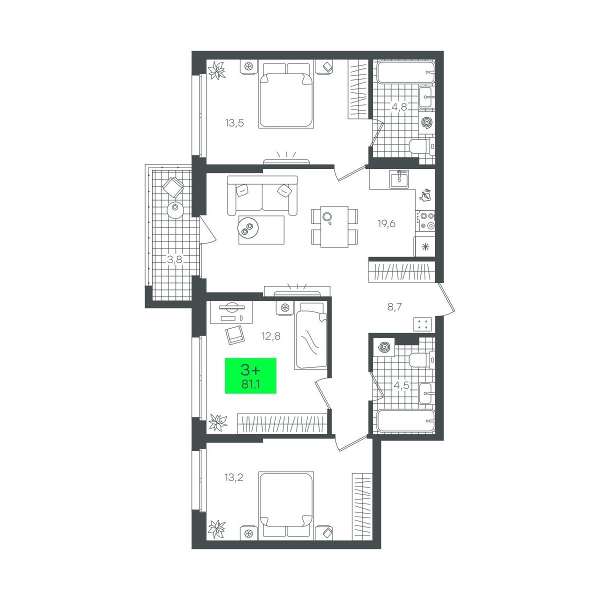 Планировка: 4-комнатная евро 81.2 м² в ЖК Сезоны, От Слободы до Комарово парк